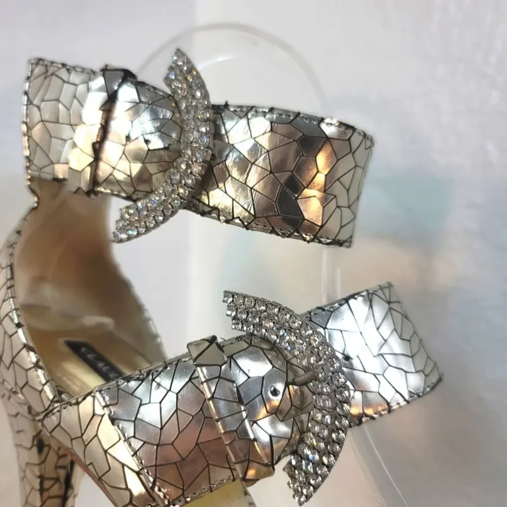 CLAUDIA CIUTI Silver Italian Mirror Mosaic Platform Heels Rhinestone Buckle Glam
